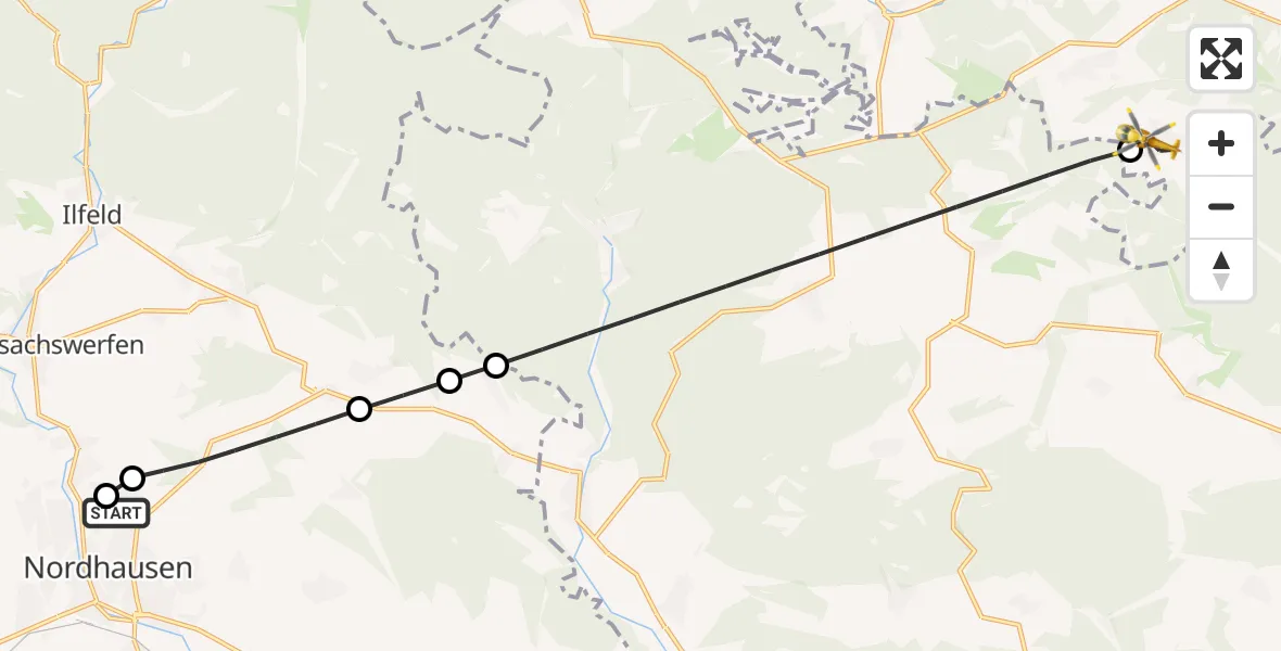 Flugroute Rettungshubschrauber Südharz Hospital Nordhausen - Harzgerode, 14 September 2026, 10:43