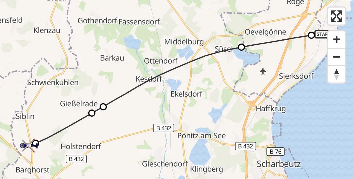 Flugroute Polizeihubschrauber Neustadt in Holstein - Christoph 12 Luftrettungszentrum, 14 September 2026, 10:43