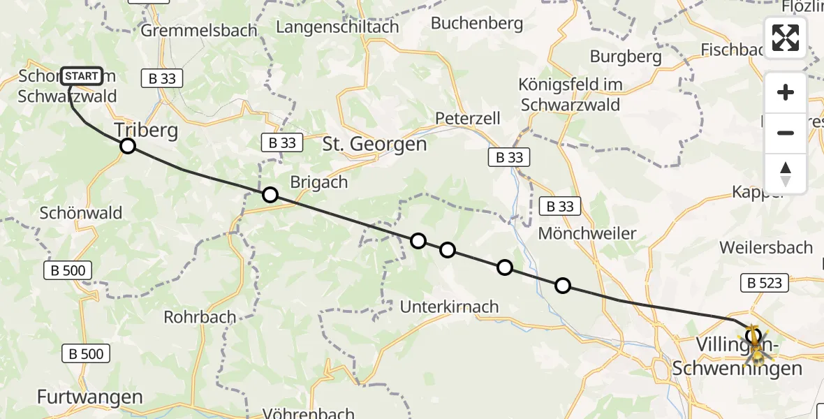 Flugroute Rettungshubschrauber Schonach im Schwarzwald - DRF Air Rescue Station Villingen-Schwenningen Hubschrauberlandeplatz (Christoph 11), 14 September 2026, 10:44