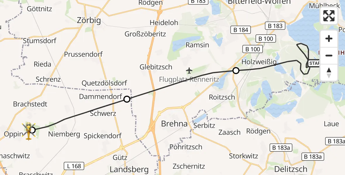 Flugroute Rettungshubschrauber Bitterfeld-Wolfen - Halle-Oppin Flugplatz, 14 September 2026, 10:47