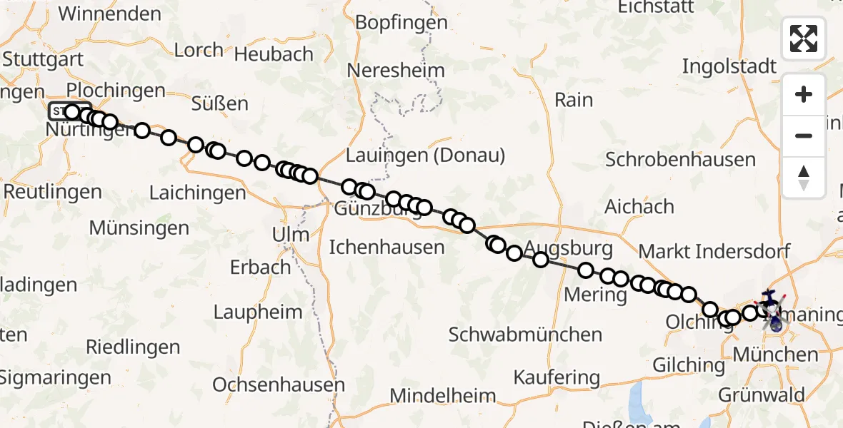 Flugroute Polizeihubschrauber Neuhausen auf den Fildern - Oberschleißheim, 14 September 2026, 10:49
