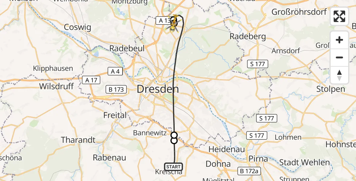 Flugroute Rettungshubschrauber Kreischa - Dresden Bundespolizei Hubschrauberlandeplatz, 14 September 2026, 10:53