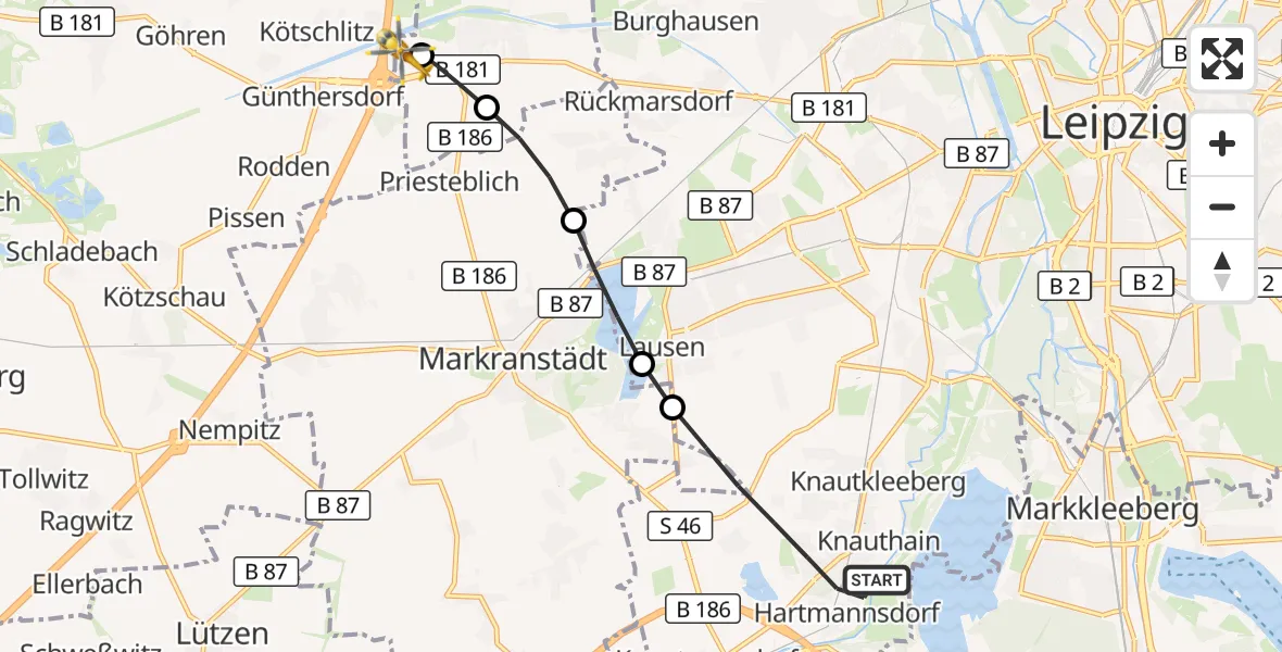Flugroute Rettungshubschrauber Leipzig - ADAC Air Rescue Station Leipzig/Schkeuditz-Dölzig Hubschrauberlandeplatz (Christoph 61), 14 September 2026, 11:07
