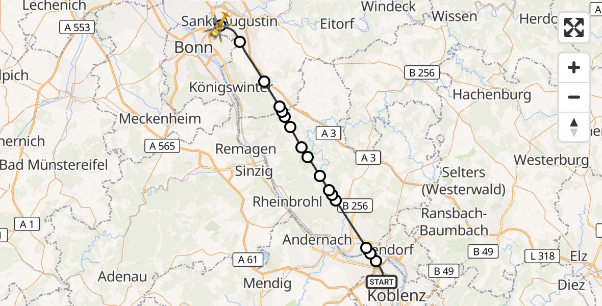Flugroute Rettungshubschrauber Koblenz - Bonn-Hangelar Flugplatz, 14 September 2026, 11:13