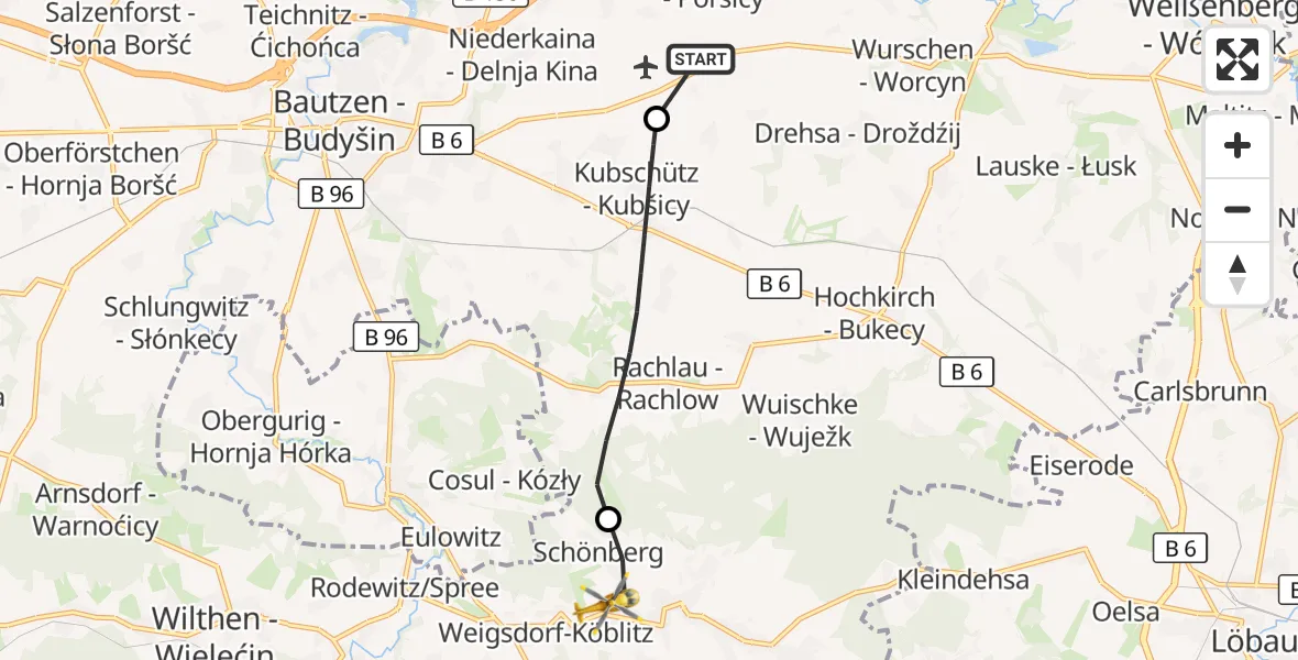 Flugroute Rettungshubschrauber Bautzen Flugplatz - Cunewalde, 14 September 2026, 11:15