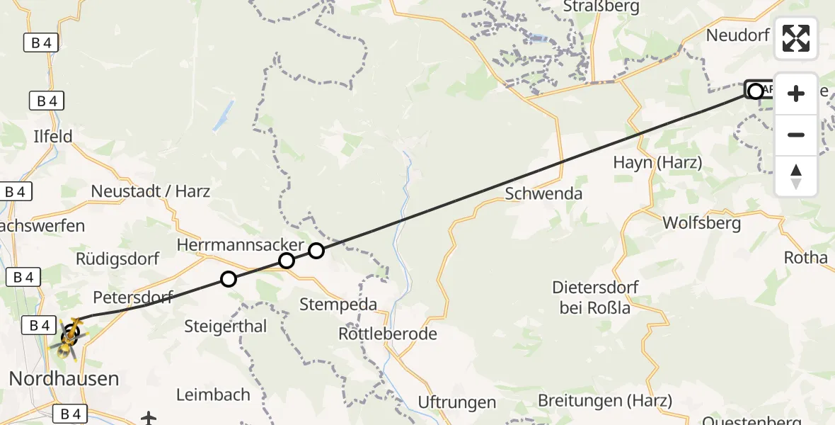Flugroute Rettungshubschrauber Harzgerode - Südharz Hospital Nordhausen, 14 September 2026, 11:23