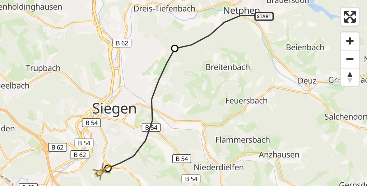Flugroute Rettungshubschrauber Netphen - Evangelisches Jung-Stilling Hospital, 14 September 2026, 11:24