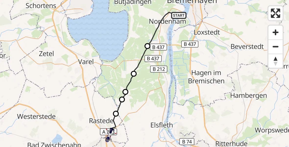 Flugroute Polizeihubschrauber Nordenham - Rastede, 14 September 2026, 11:48