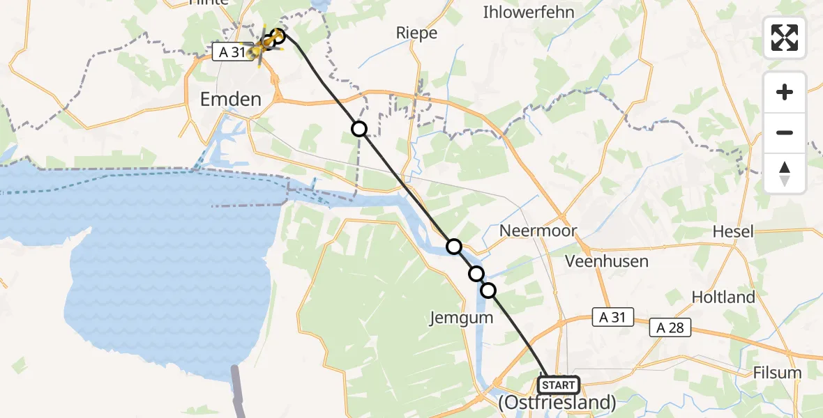 Flugroute Ambulanzhubschrauber Leer (Ostfriesland) - Emden Flughafen, 14 September 2026, 11:49