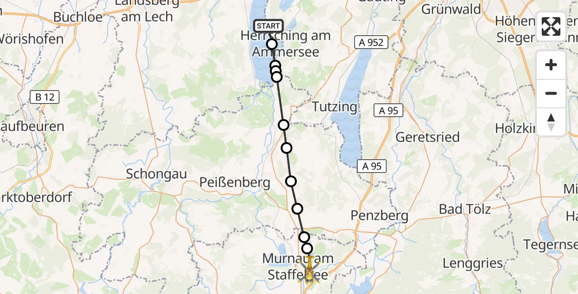 Flugroute Rettungshubschrauber Herrsching a.Ammersee - Murnau a.Staffelsee, 14 September 2026, 11:55