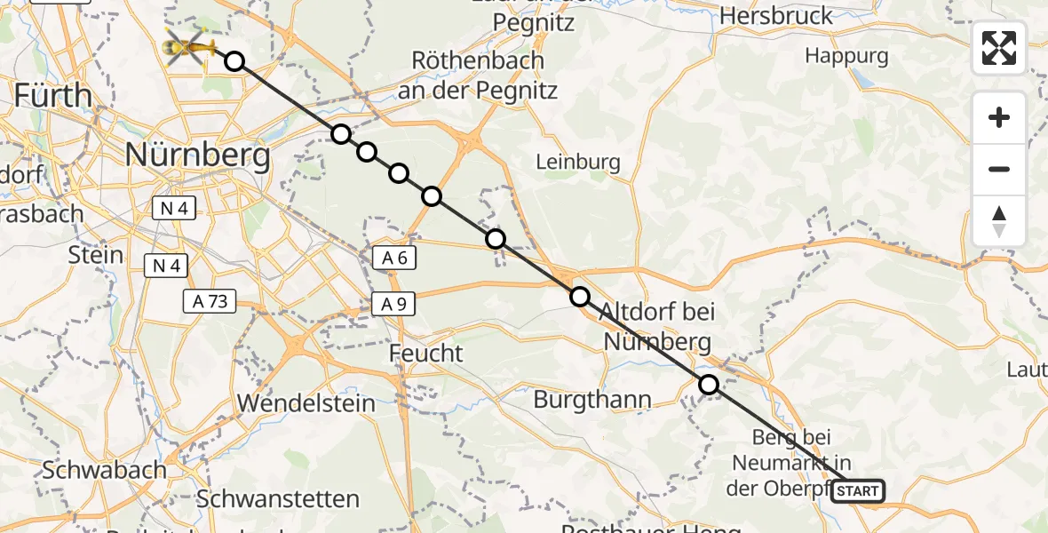 Flugroute Ambulanzhubschrauber Berg b.Neumarkt i.d.OPf. - Flughafen Nuremberg, 14 September 2026, 12:05