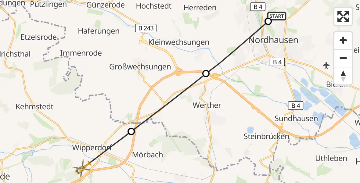 Flugroute Rettungshubschrauber Südharz Hospital Nordhausen - Bleicherode, 14 September 2026, 12:05