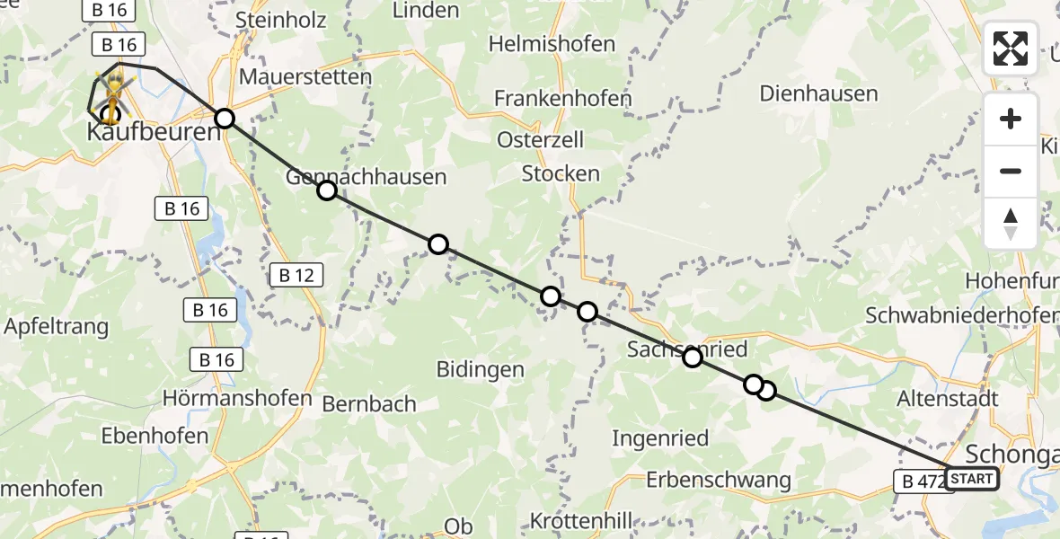 Flugroute Rettungshubschrauber Schongau - Ostallgäu-Kaufbeuren Hospital, 14 September 2026, 12:09
