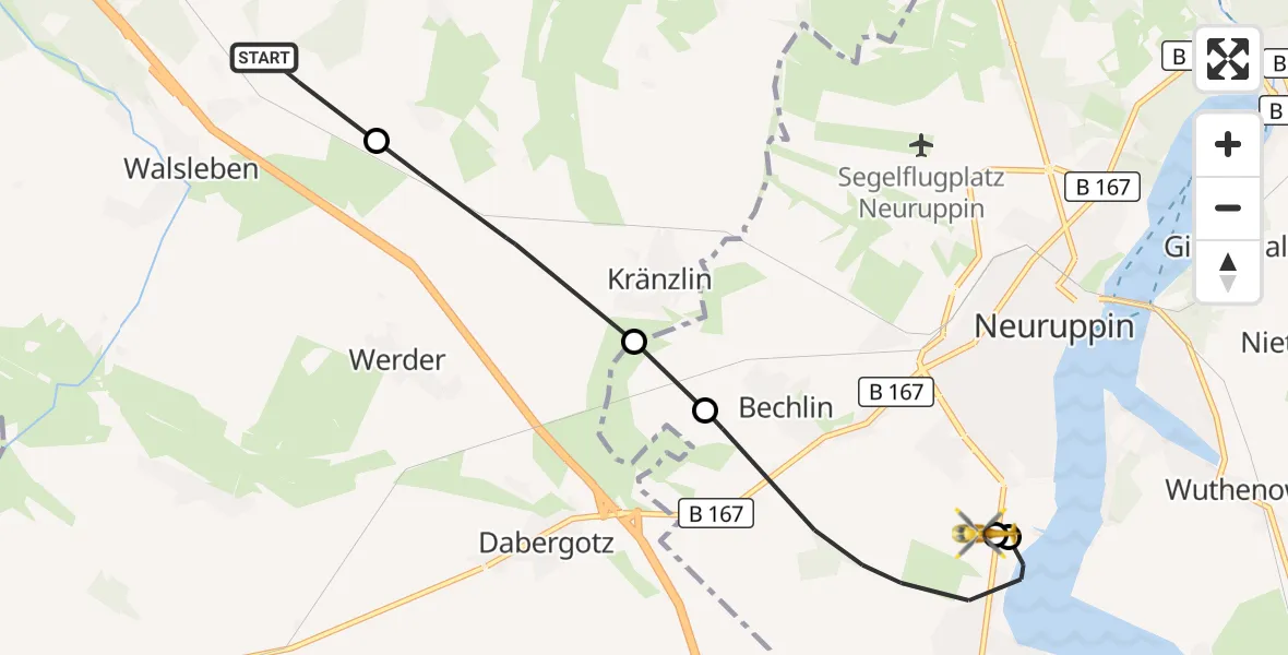 Flugroute Rettungshubschrauber Walsleben - Rupin Hospital, 14 September 2026, 12:16