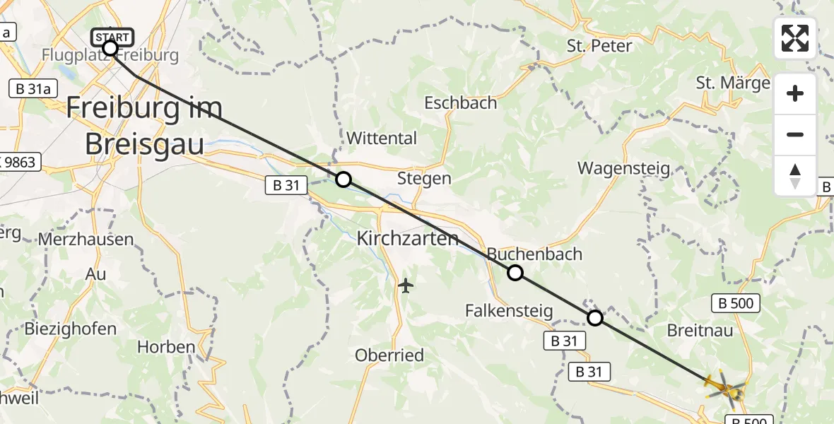 Flugroute Ambulanzhubschrauber Freiburg im Breisgau Flugplatz - Breitnau, 14 September 2026, 12:20