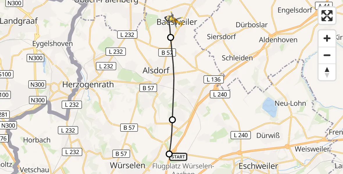 Flugroute Rettungshubschrauber Aachen-Merzbrück Flughafen - Baesweiler, 14 September 2026, 12:35