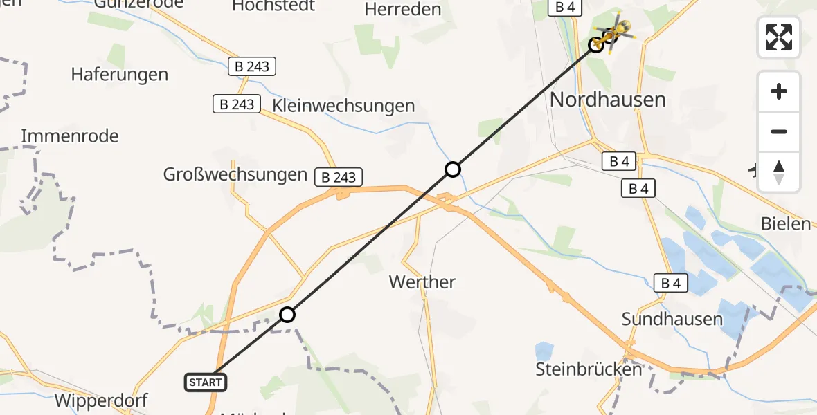 Flugroute Rettungshubschrauber Bleicherode - Südharz Hospital Nordhausen, 14 September 2026, 12:35