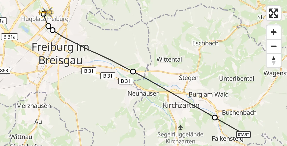 Flugroute Ambulanzhubschrauber Buchenbach - Freiburg im Breisgau Flugplatz, 14 September 2026, 12:55