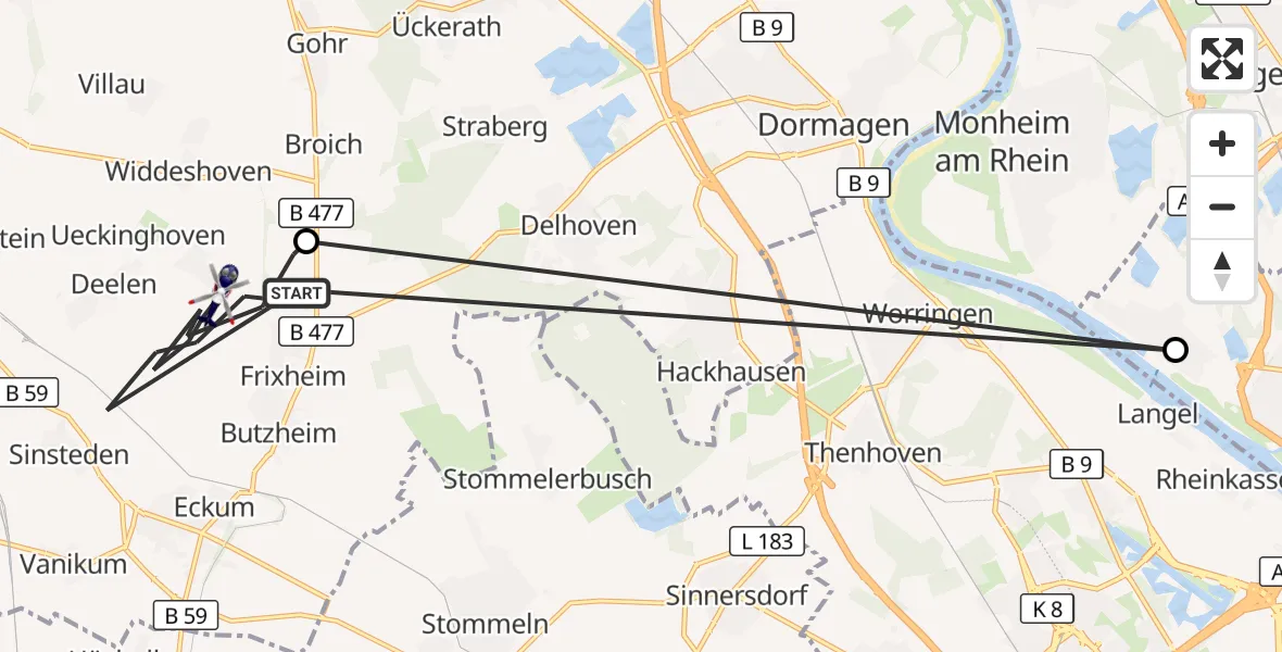Flugroute Polizeihubschrauber Rommerskirchen - Rommerskirchen, 14 September 2026, 12:58