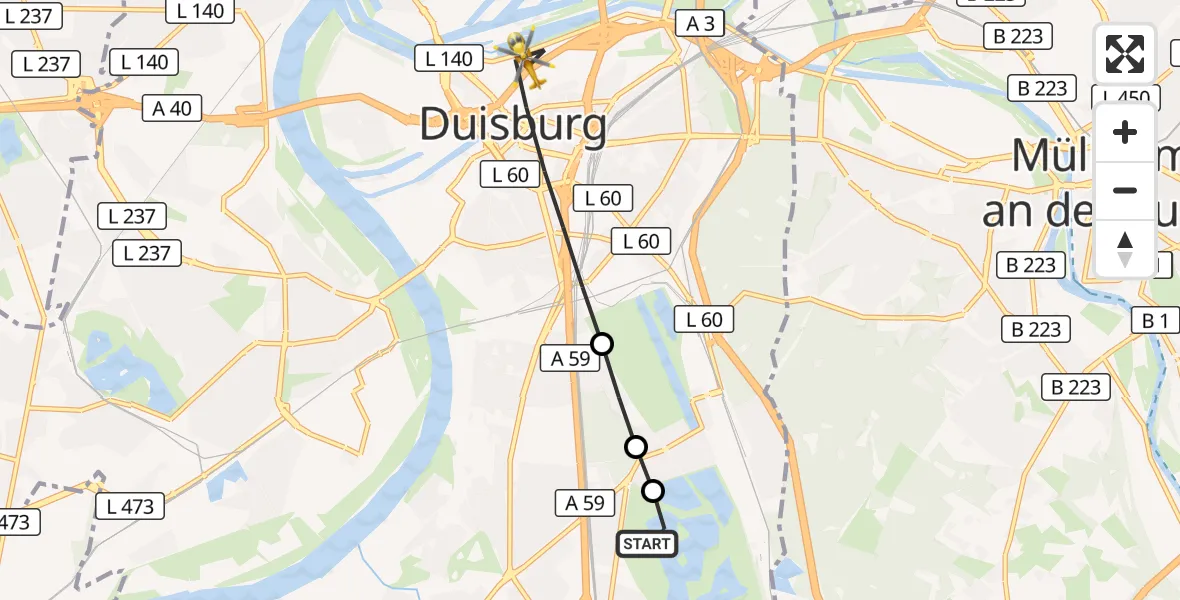 Flugroute Rettungshubschrauber Duisburg Air Rescue Hubschrauberlandeplatz (Christoph 9) - Duisburg, 14 September 2026, 13:01