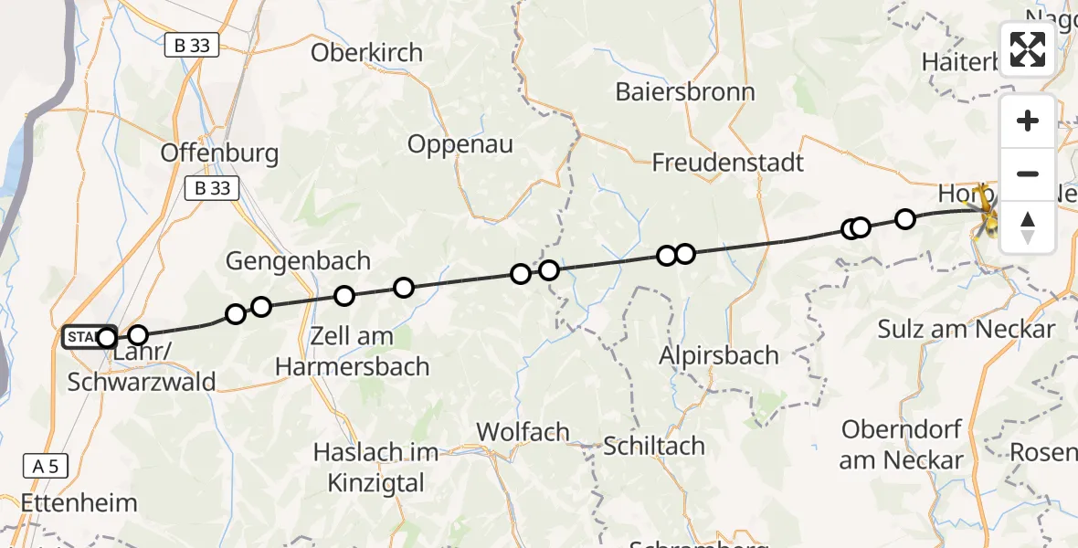 Flugroute Rettungshubschrauber Lahr Flughafen - Horb am Neckar, 14 September 2026, 13:07