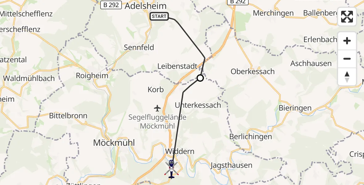 Flugroute Polizeihubschrauber Adelsheim - Widdern, 14 September 2026, 13:07