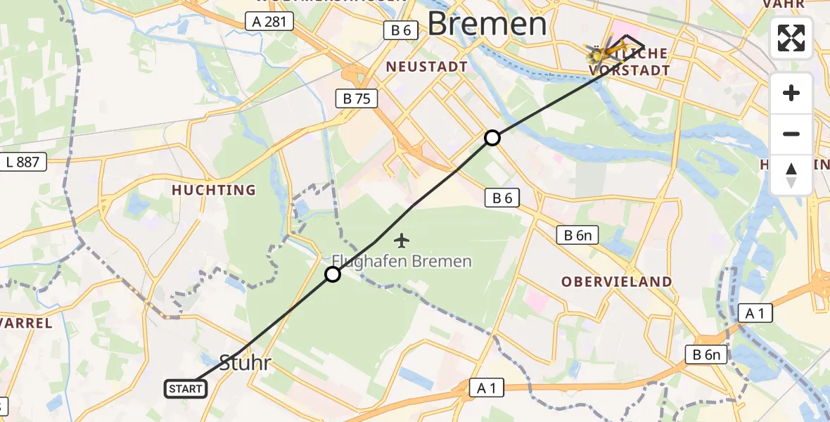 Flugroute Rettungshubschrauber Stuhr - Bremen, 14 September 2026, 13:10