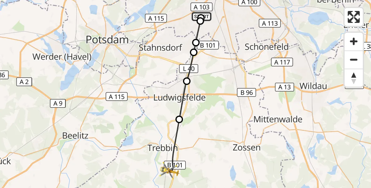 Flugroute Rettungshubschrauber Charité Clinic Benjamin Franklin Campus - Trebbin, 14 September 2026, 13:12