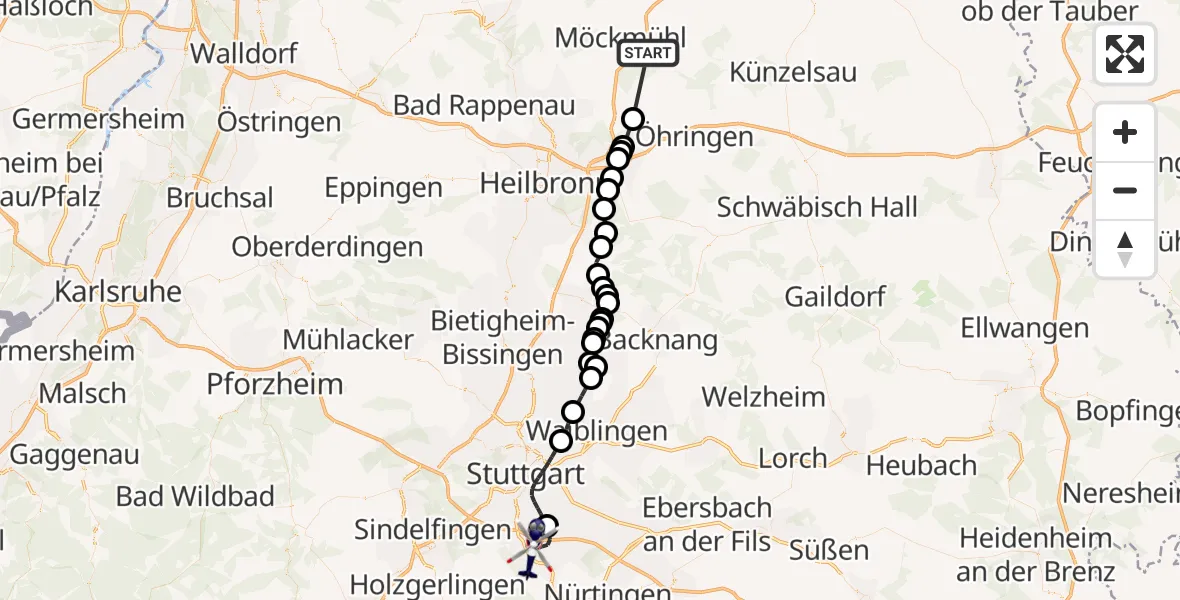 Flugroute Polizeihubschrauber Widdern - Flughafen Stuttgart, 14 September 2026, 13:13