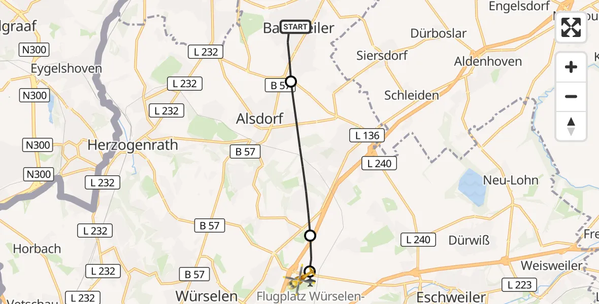 Flugroute Rettungshubschrauber Baesweiler - Aachen-Merzbrück Flughafen, 14 September 2026, 13:15