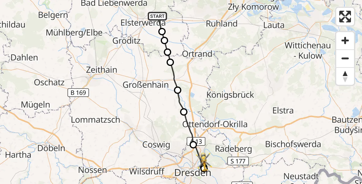 Flugroute Rettungshubschrauber Plessa - Dresden, 14 September 2026, 13:15