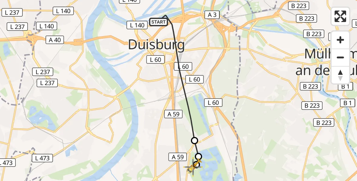 Flugroute Rettungshubschrauber Duisburg - Duisburg Air Rescue Hubschrauberlandeplatz (Christoph 9), 14 September 2026, 13:28