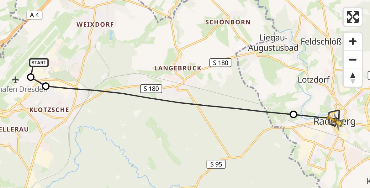 Flugroute Rettungshubschrauber Dresden Bundespolizei Hubschrauberlandeplatz - Radeberg, 14 September 2026, 13:31