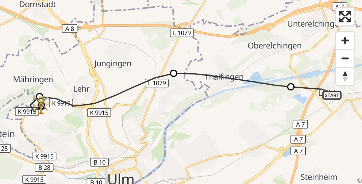 Flugroute Rettungshubschrauber Nersingen - ADAC Air Rescue Station Ulm (Christoph 22), 14 September 2026, 13:41
