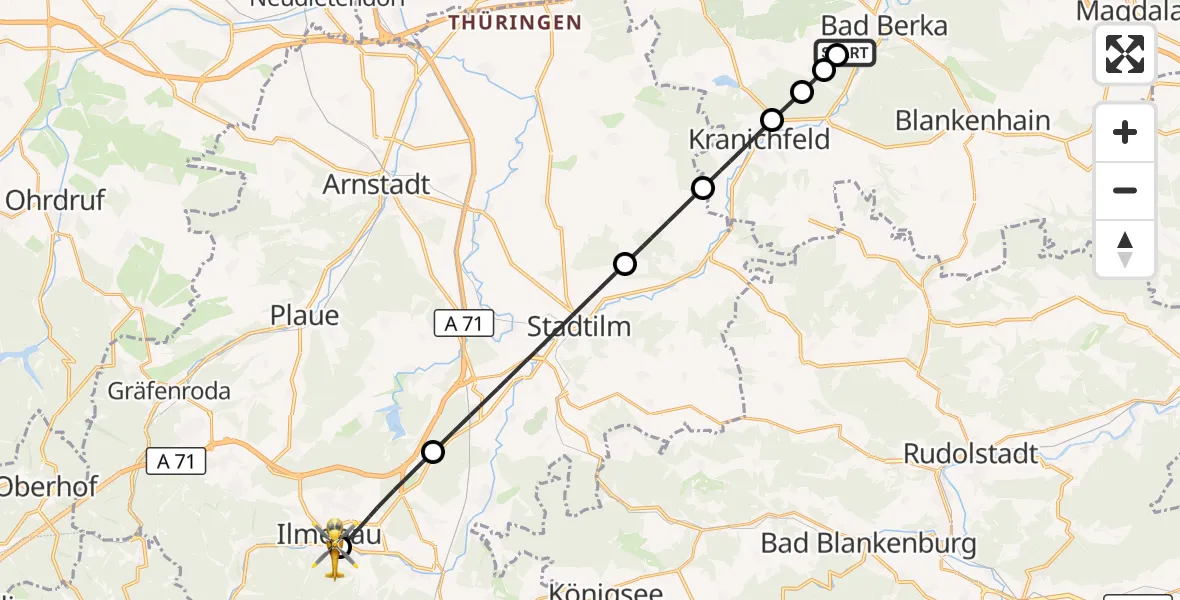 Flugroute Ambulanzhubschrauber DRF Rettungsstation Bad Berka Hubschrauberlandeplatz - Ilm-Kreis-Kliniken Arnstadt-Ilmenau Hubschrauberlandeplatz, 14 September 2026, 13:47