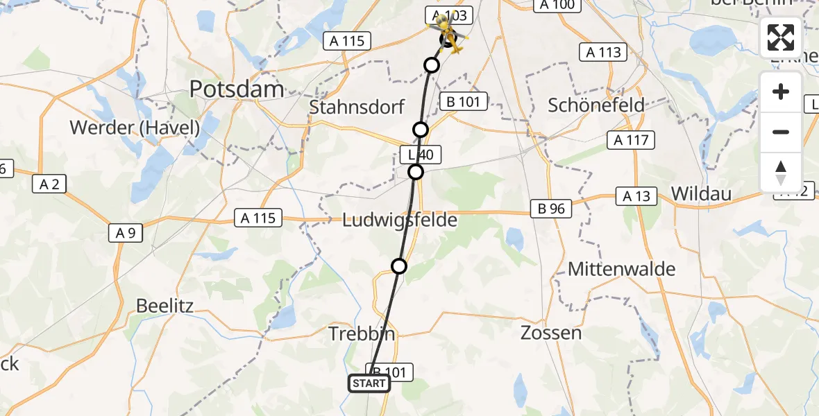 Flugroute Rettungshubschrauber Trebbin - Charité Clinic Benjamin Franklin Campus, 14 September 2026, 13:55