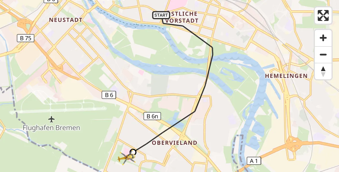 Flugroute Rettungshubschrauber Bremen - ADAC Air Rescue Station Bremen Hubschrauberlandeplatz (Christoph 6), 14 September 2026, 13:55