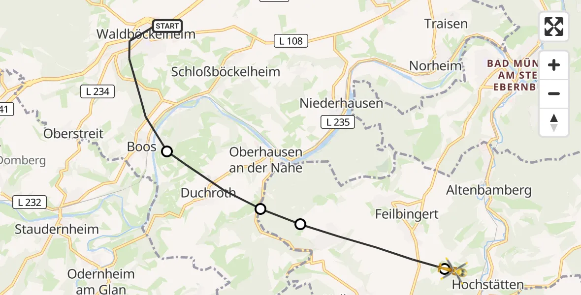 Flugroute Rettungshubschrauber Waldböckelheim - Hochstätten, 14 September 2026, 14:06