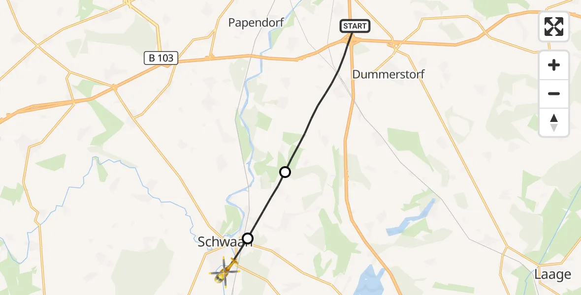 Flugroute Ambulanzhubschrauber Dummerstorf - Schwaan, 14 September 2026, 14:15