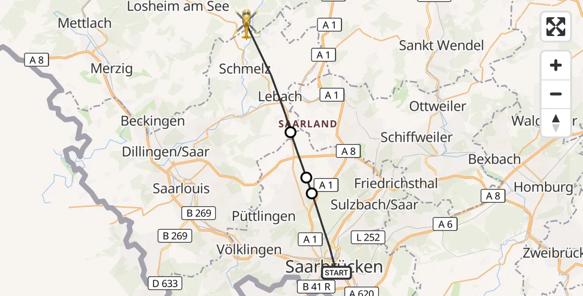 Flugroute Rettungshubschrauber Saarbrücken - Wadern, 14 September 2026, 14:15
