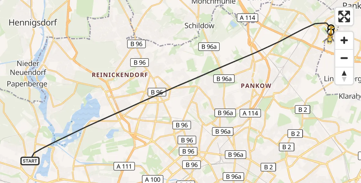 Flugroute Rettungshubschrauber Berlin - Helios Clinic Berlin-Buch, 14 September 2026, 14:32