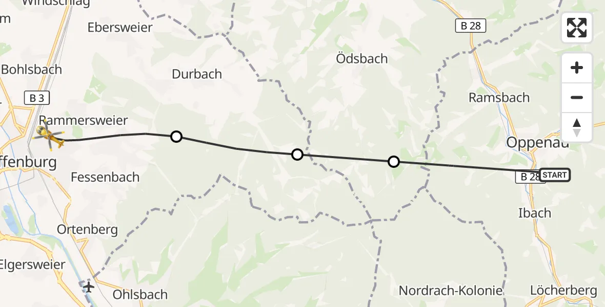 Flugroute Rettungshubschrauber Oppenau - Offenburg, 14 September 2026, 14:33