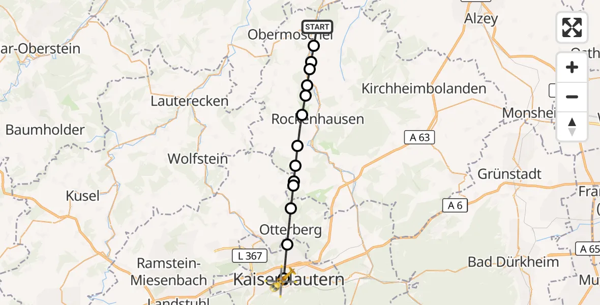 Flugroute Rettungshubschrauber Alsenz - Westpfalz Hospital Kaiserslautern, 14 September 2026, 14:45