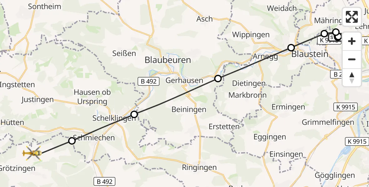 Flugroute Rettungshubschrauber Ulm Military Hospital Emergency - Allmendingen, 14 September 2026, 14:49