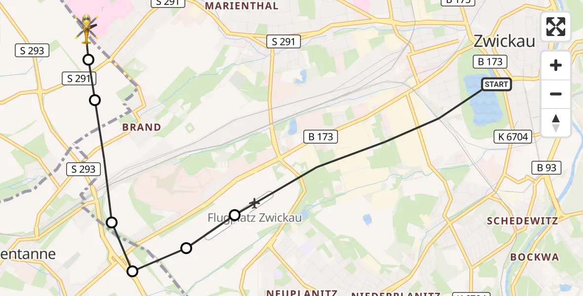Flugroute Rettungshubschrauber Zwickau - ADAC Air Rescue Station Zwickau Hubschrauberlandeplatz, 14 September 2026, 14:52