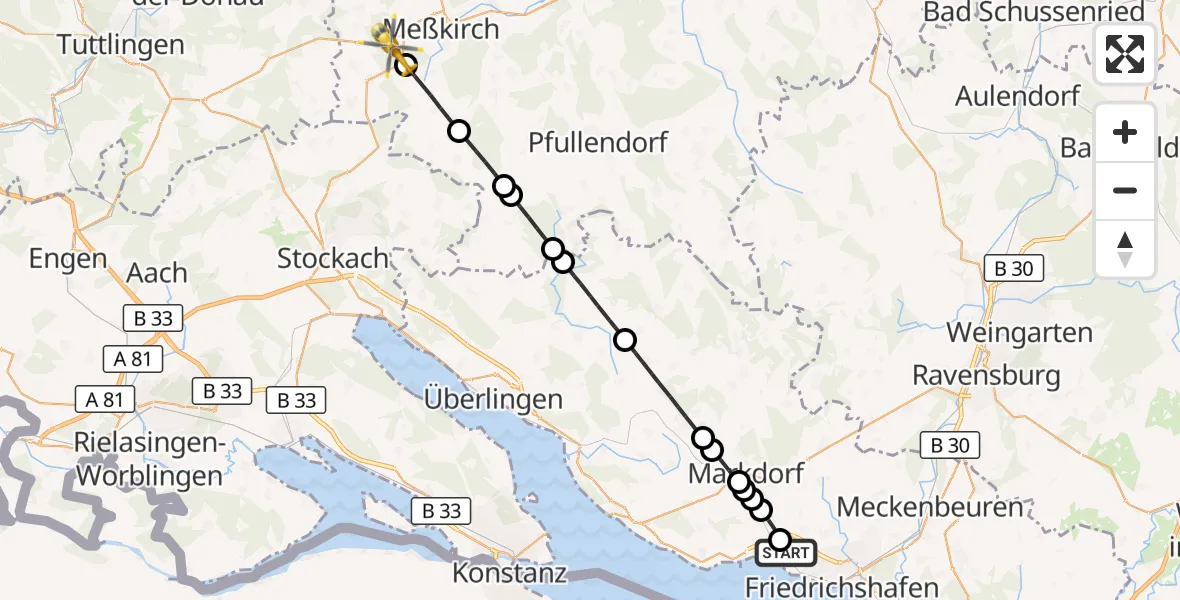Flugroute Rettungshubschrauber Friedrichshafen Hospital - Meßkirch, 14 September 2026, 15:00