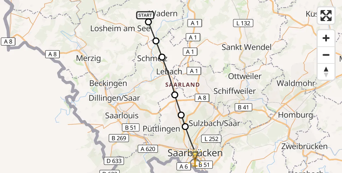 Flugroute Rettungshubschrauber Weiskirchen - Saarbrücken, 14 September 2026, 15:06