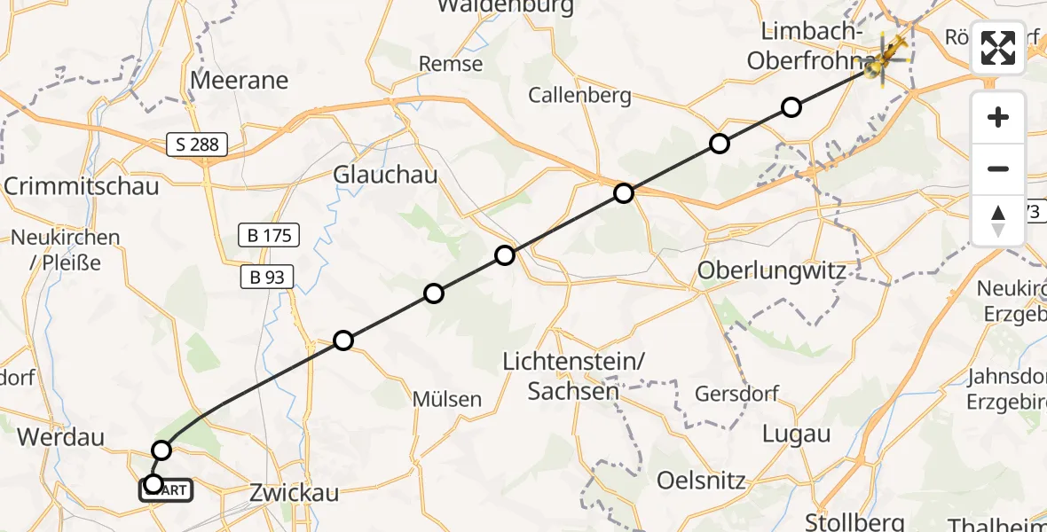 Flugroute Rettungshubschrauber ADAC Air Rescue Station Zwickau Hubschrauberlandeplatz - Limbach-Oberfrohna, 14 September 2026, 15:12
