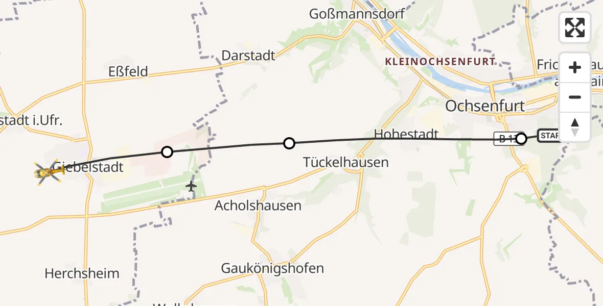 Flugroute Rettungshubschrauber Ochsenfurt Hospital - Giebelstadt, 14 September 2026, 15:14