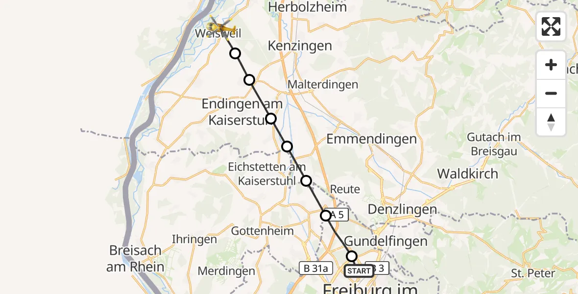 Flugroute Ambulanzhubschrauber Freiburg im Breisgau Flugplatz - Weisweil, 14 September 2026, 15:14